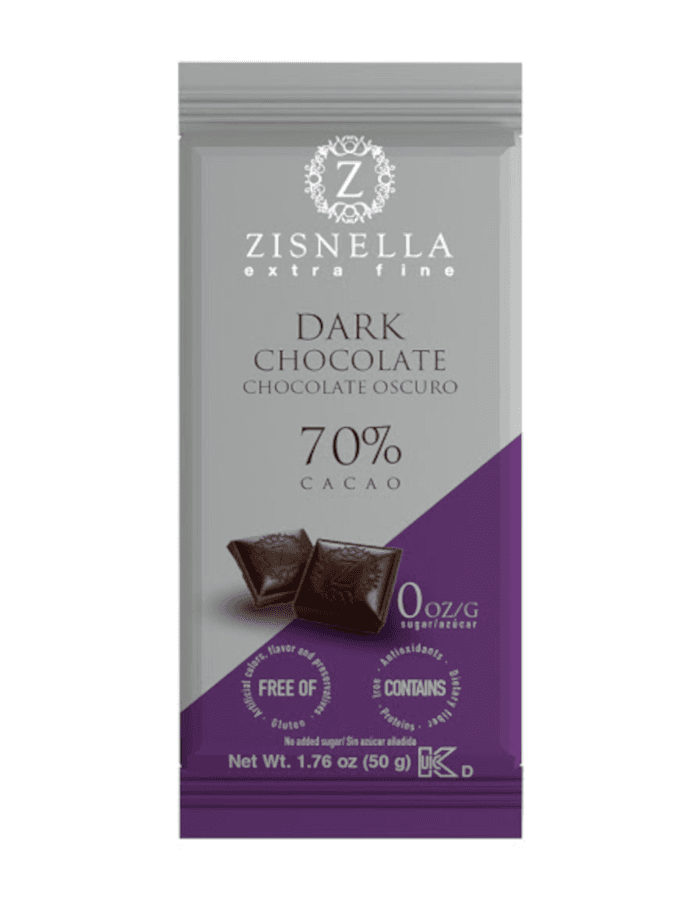 Chocolate Sin Azúcar Oscuro 70% Cacao. Zisnella. 50gr